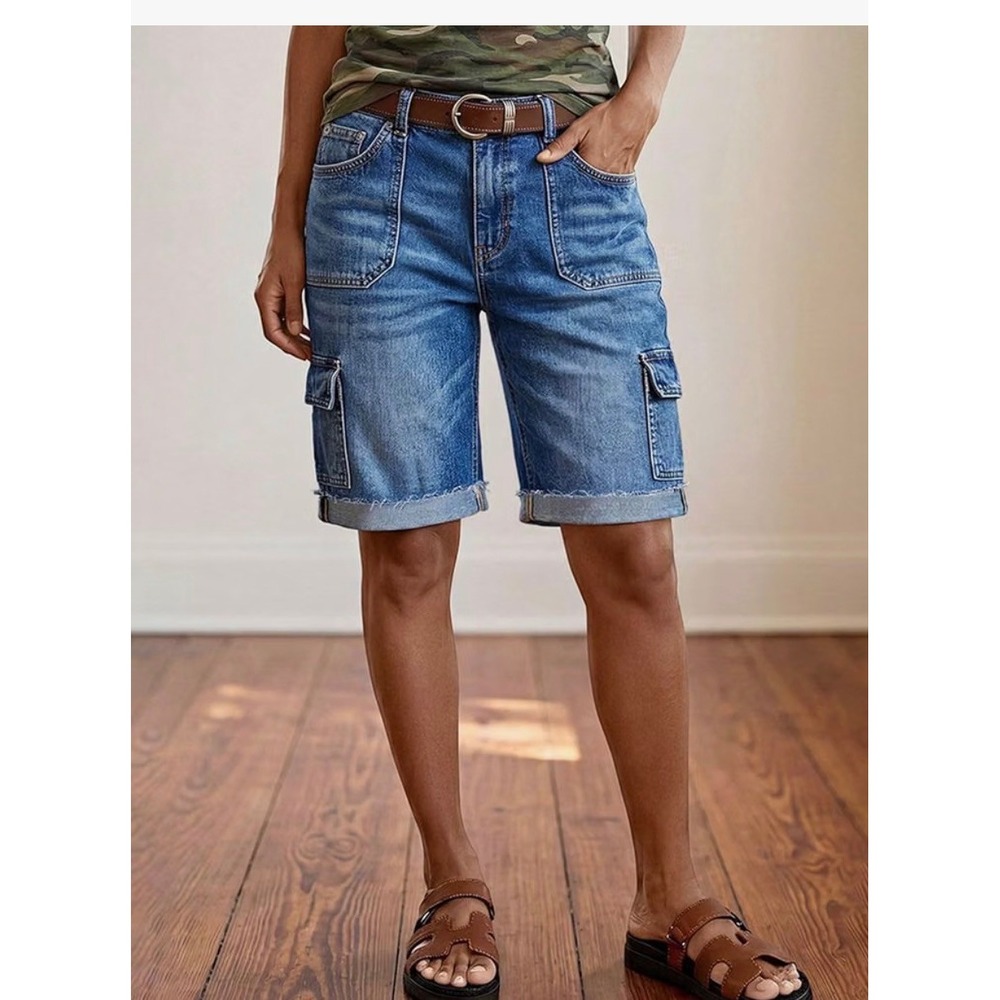 Flamingals Bermuda Denim Straight Leg Shorts Flap Pockets Roll Hem Medium Wash L